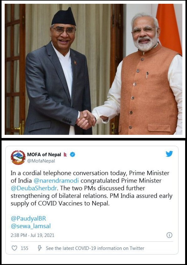प्रधानमन्त्री शेरबहादुर देउवा र भारतीय प्रधानमन्त्री नरेन्द्र मोदीबिच टेलिफोन वार्ता