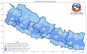 चार प्रदेशका केहि स्थानमा धेरै भारी वर्षा, तराईमा हावाहुरीको सम्भावना
