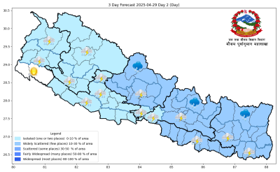 यि स्थानमा चट्याङ्ग सहित हल्कादेखि मध्यम वर्षाको सम्भावना