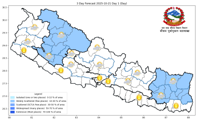 यि दुई  प्रदेशमा फाटफुट वर्षाको सम्भावना