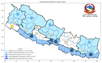 यि दुई प्रदेशमा चट्याङसहित हल्का वर्षा तथा कोशी र मधेसमा हुरीबतासको सम्भावना