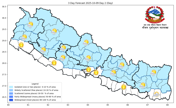 देशका पहाडी भू-भागका एक-दुई स्थान हल्का वर्षाको सम्भावना