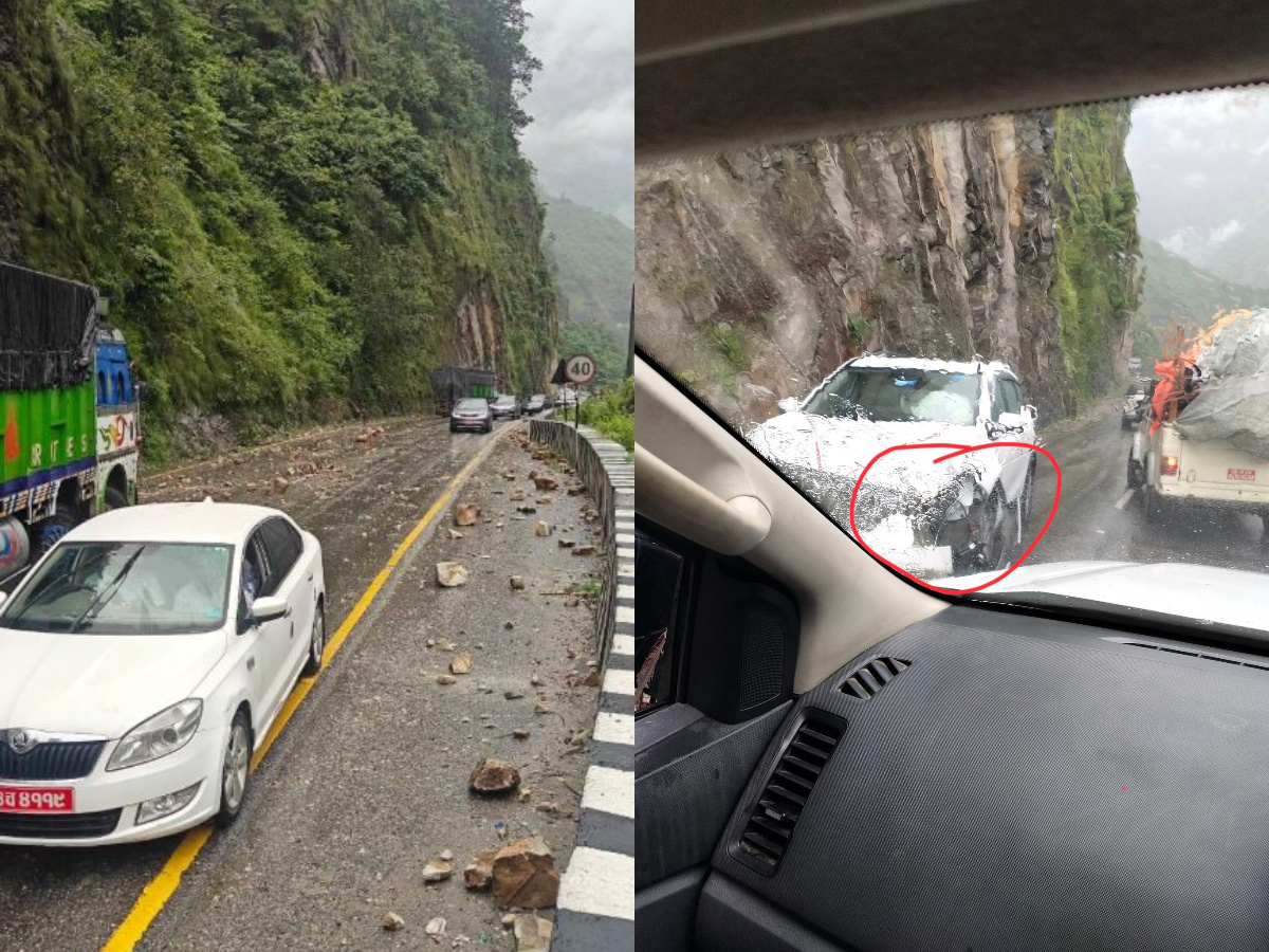 मुग्लिन-नारायणगढ सडकमा गुडिरहेको कारमाथि ढुंगा खस्यो, ३ जना घाइते